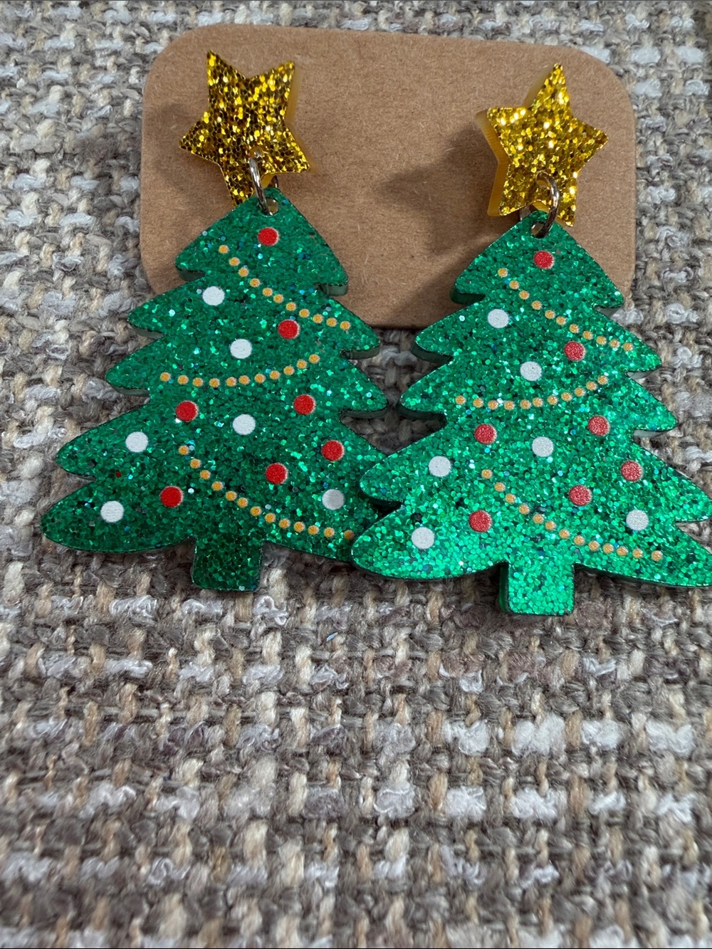 Festive Glitter Christmas Tree Dangle Earrings with Gold Star